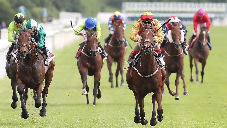 Gold Mount ridden by Andrea Atzeni wins The Sky Bet Race to the Ebor Grand Cup, during MacMillan Charity Raceday at York Racecourse, York. PRESS ASSOCIATION Photo. Picture date: Saturday June 15, 2019. See PA story RACING York. Photo credit should read: Martin Rickett/PA Wire