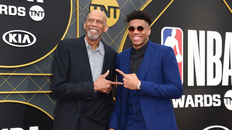 Kareem Abdul-Jabbar and Giannis Antetokoumpo pose together prior to the NBA Awards