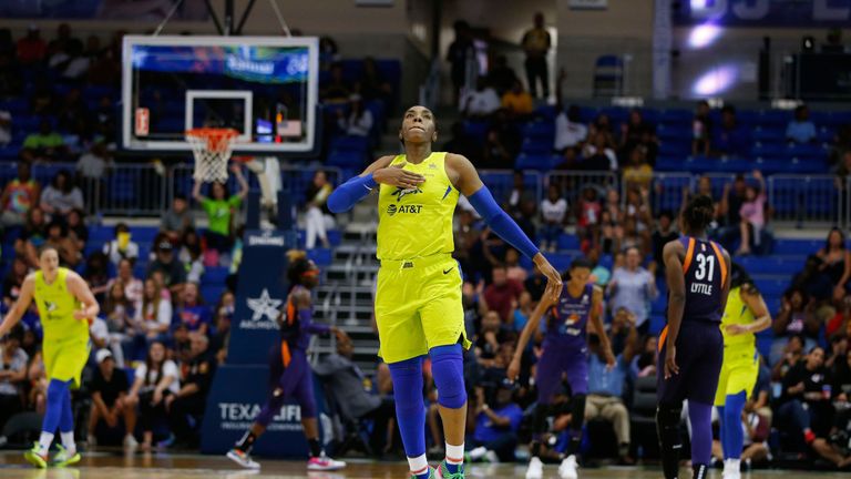 Kalya Thornton celebrates a basket against the Phoenix Mercury