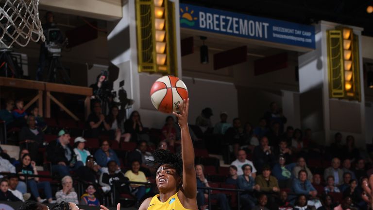 Kelsey Mitchell of the Indiana Fever shoots the ball against the New York Liberty