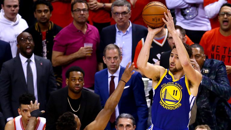 Klay Thompson fires a three-pointer in Game 5 of the NBA Finals
