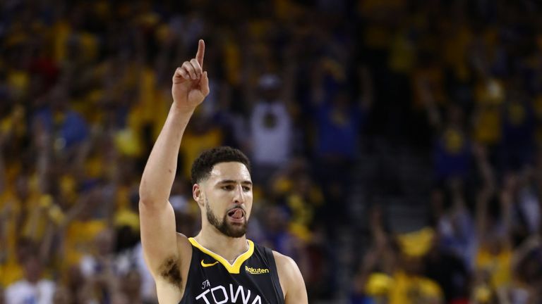 Klay Thompson celebrates a basket during Game 6 of the NBA Finals