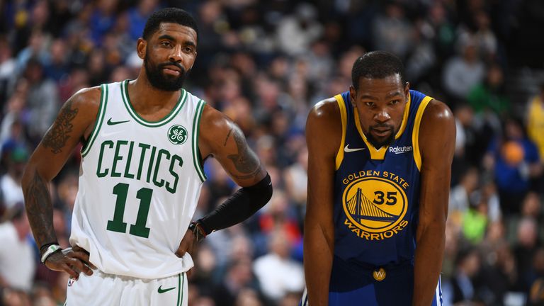 Kyrie Irving and Kevin Durant in regular season action for Boston and Golden State