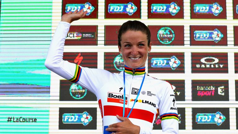 Lizzie Deignan celebrates victory in the Women's Tour