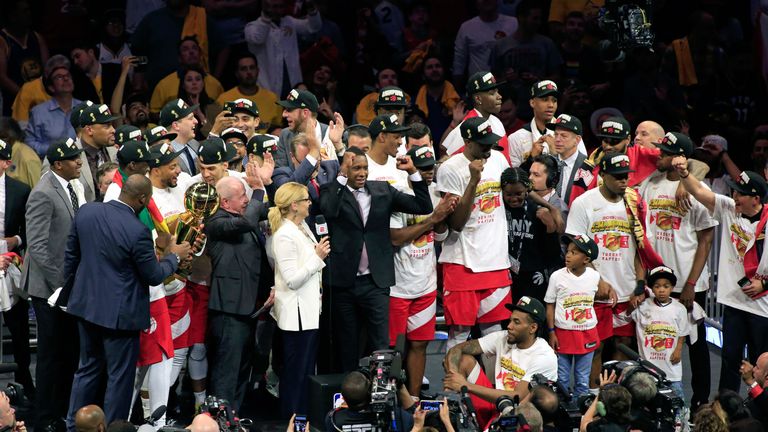 Toronto Raptors team president Masai Ujiri celebrates his team&#39;s NBA title triumph