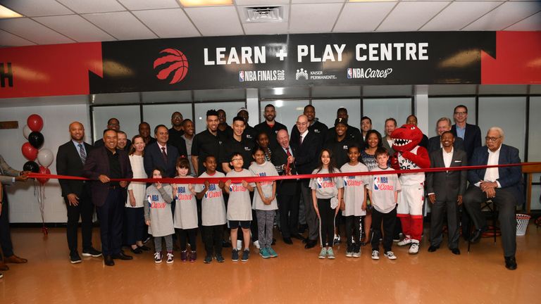 Michele Roberts, Adam Silver and the Toronto Raptors cut the ribbon at the renovated at the Jimmie Simpson Recreation Centre