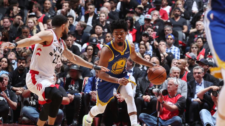 Quinn Cook of the Golden State Warriors handles the ball against the Toronto Raptors during Game 1 of the NBA Finals