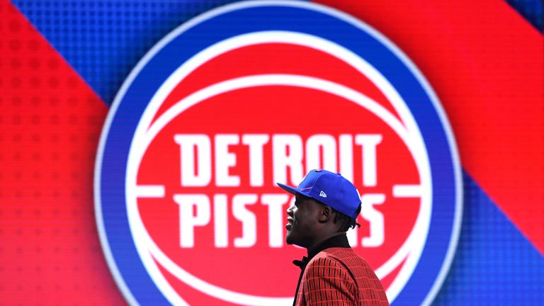 Sekou Doumbouya hits the stage after being selected by the Detroit Pistons at the NBA Draft