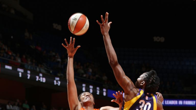Morgan Tuck #33 of the Connecticut Sun goes to the basket against the Los Angeles Sparks on June 6, 2019 at the Mohegan Sun Arena in Uncasville, Connecticut