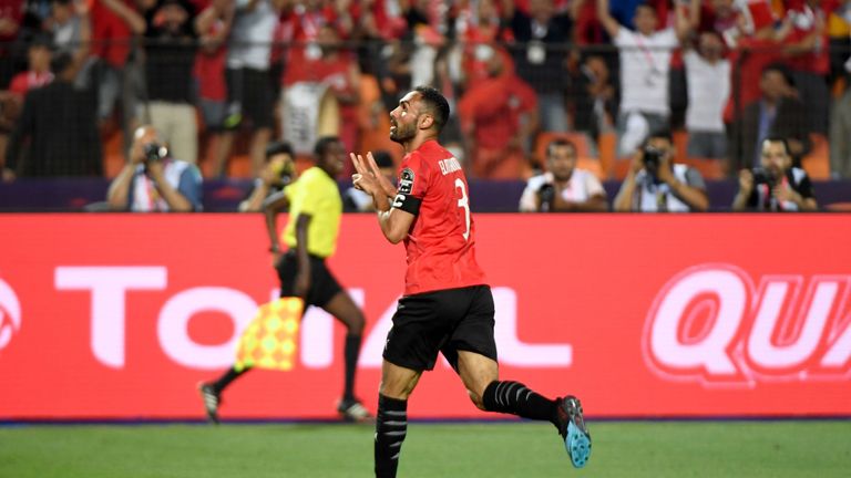 Ahmed Elmohamady celebrates after scoring a goal during the 2019 Africa Cup of Nations (CAN) football match between Egypt and DR Congo