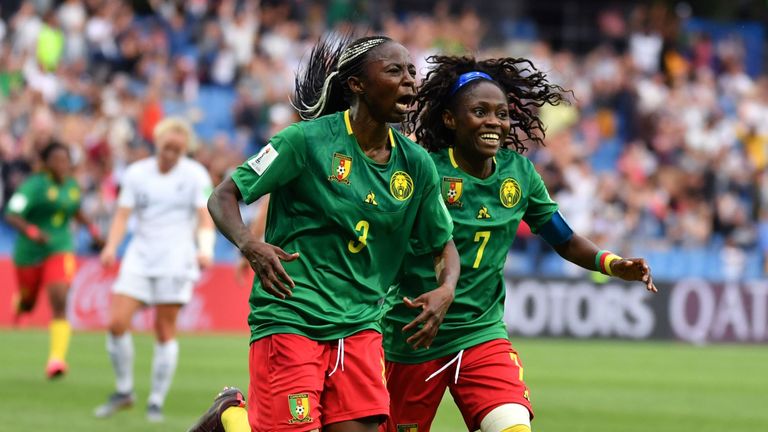 Ajara Nchout Njoya celebrates her last-minute winner which sealed Cameroon's place in the last-16