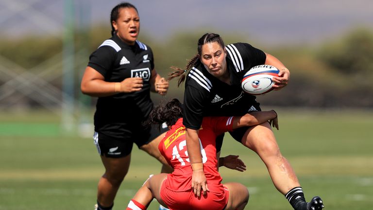 CHULA VISTA, CALIFORNIA - JUNE 28: Aleisha-Pearl Nelson of New Zealand is tackled by Anaïs Holly of Canada during the Women's Rugby Super Series 2019 match between Canada and New Zealand at the Chula Vista Elite Athlete Training Center on June 28, 2019 in Chula Vista, California. (Photo by Sean M. Haffey/Getty Images)