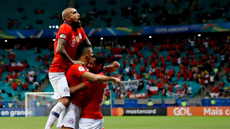 SALVADOR, BRAZIL - JUNE 21: Sanchezof Chile celebrates after scoring a goal during the Copa America Brazil 2019 group C match between Ecuador and Chile at Arena Fonte Nova Stadium on June 21, 2019 in Salvador, Brazil. (Photo by Felipe Oliveira/Getty Images)