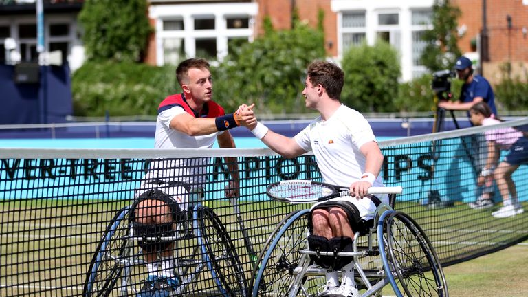 Alfie Hewett of Great Britain shakes hands with Dermott Bailey of Great Britain after his victory in their mens singles wheelchair match during day six of the Fever-Tree Championships at Queens Club on June 22, 2019 in London