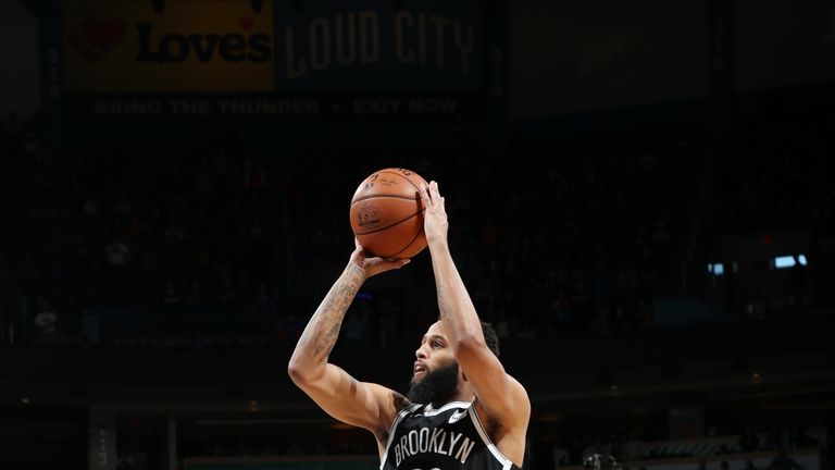 Allen Crabbe of the Brooklyn Nets shoots against the Oklahoma City Thunder