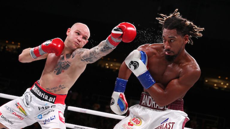June 29, 2019; Providence, RI; WBO middleweight champion Demetrius Andrade and Maciej Sulecki during their June 29, 2019 Matchroom Boxing USA card at the Dunkin Donuts Center in Providence, RI.  Mandatory Credit: Ed Mulholland/Matchroom Boxing USA