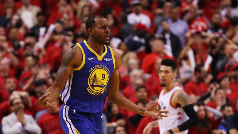 Andre Iguodala #9 of the Golden State Warriors celebrates a basket late in the game against the Toronto Raptors during Game Two of the 2019 NBA Finals at Scotiabank Arena on June 02, 2019 in Toronto, Canada. 