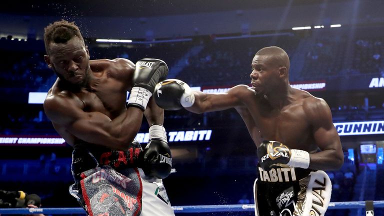 (L-R) Andrew Tabiti throws a punch at Steve Cunningham during their cruiserweight bout on August 26, 2017 at T-Mobile Arena in Las Vegas, Nevada.