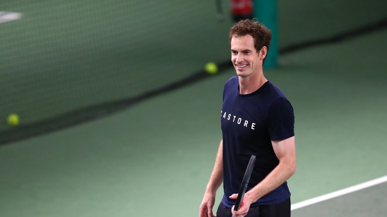 Andy Murray of Great Britain looks on during a practice session indoors due to rain during day Two of the Fever-Tree Championships at Queens Club on June 18, 2019 in London, United Kingdom.