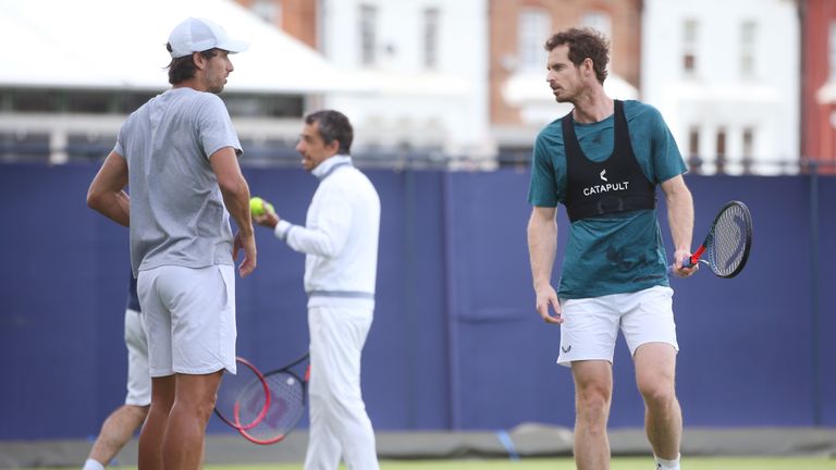 Andy Murray of Great Britain and Feliciano Lopez of Spain during a practice session prior to the Fever-Tree Championships at Queens Club on June 14, 2019 in London, United Kingdom.