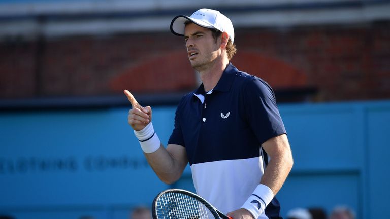 Britain&#39;s Andy Murray gestures during his resumed men&#39;s quarter-final doubles match with Spain&#39;s Feliciano Lopez against Britain&#39;s Dan Evans and Britain&#39;s Ken Skupski at the ATP Fever-Tree Championships tennis tournament at Queen&#39;s Club in west London on June 22, 2019