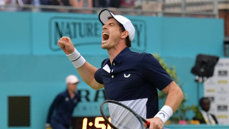 Andy Murray of Great Britain partner of Feliciano Lopez of Spain celebrates match point in the mens doubles final against Rajeev Ram of The United States and Joe Salisbury of Great Britain during day seven of the Fever-Tree Championships at Queens Club on June 23, 2019 in London, United Kingdom. 