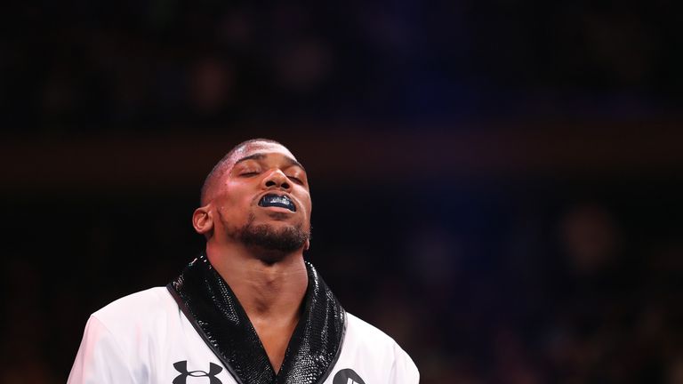 Anthony Joshua looks on before his fight against Andy Ruiz Jr during their IBF/WBA/WBO heavyweight title fight at Madison Square Garden on June 01, 2019 in New York City
