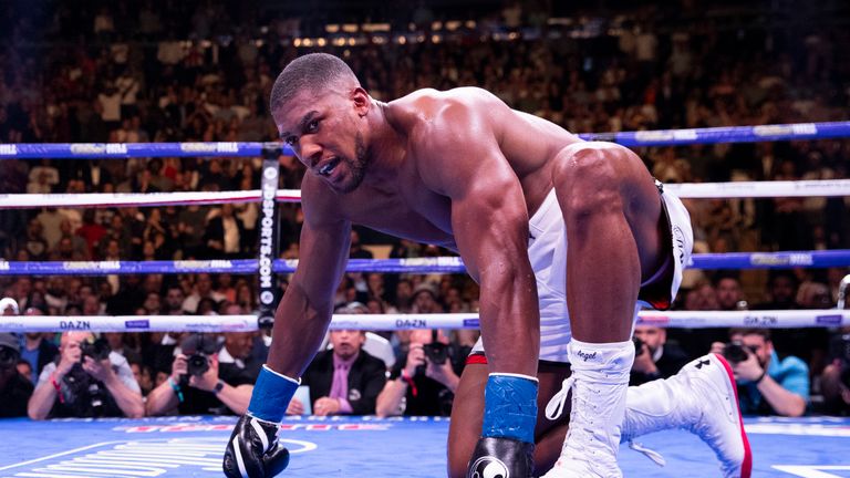 Anthony Joshua v  Andy Ruiz,  World Heavyweight Title fight at Madison Square Garden, New York..1st June 2019.Picture By Mark Robinson..Anthony Joshua is Put down in the 7th round                                                           