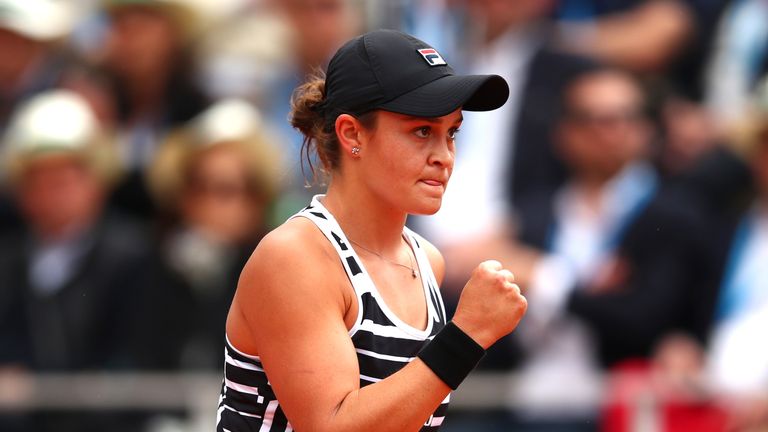 Ashleigh Barty of Australia celebrates winning the first set during the ladies singles final against Marketa Vondrousova of The Czech Republic during Day fourteen of the 2019 French Open at Roland Garros on June 08, 2019 in Paris, France. 