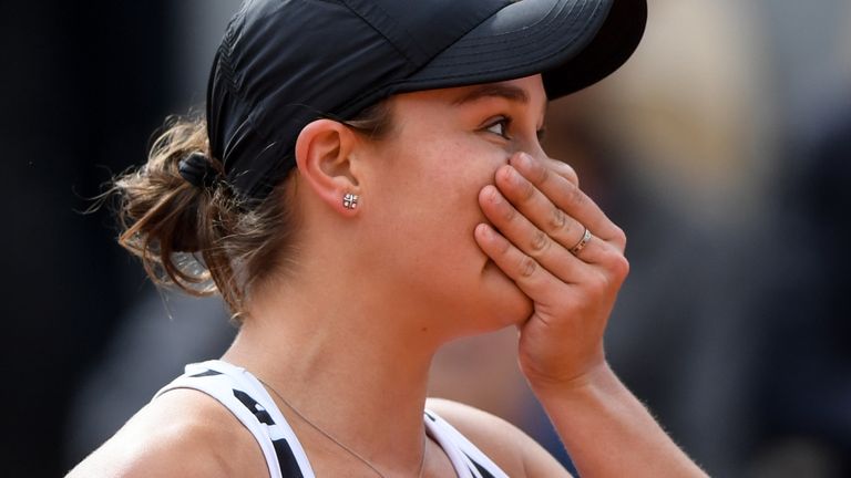 Australia's Ashleigh Barty celebrates after winning against Czech Republic's Marketa Vondrousova during their women's singles final match on day fourteen of The Roland Garros 2019 French Open tennis tournament in Paris on June 8, 2019. 