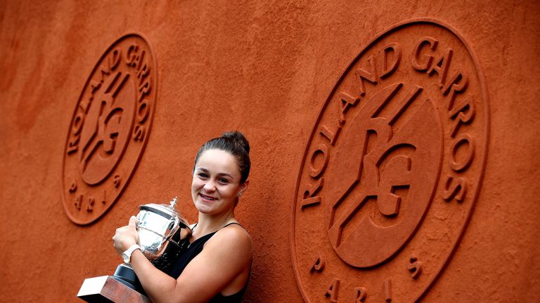 Winner of the womens singles Ashleigh Barty of Australia poses for a photo with the winners trophy during Day fifteen of the 2019 French Open at Roland Garros on June 09, 2019 in Paris, France. 