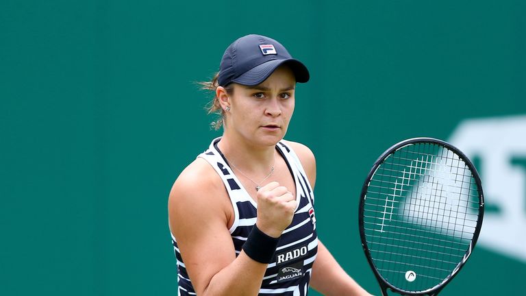 Ashleigh Barty of Australia celebrates winning the first set during her first round match against Donna Vekic of Croatia during day three of the Nature Valley Classic at Edgbaston Priory Club on June 19, 2019 in Birmingham, 