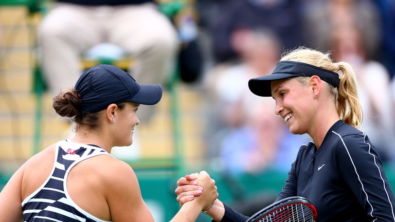 Ashleigh Barty of Australia (L) shakes hands with Donna Vekic of Croatia (R) after victory in their first round match on day three of the Nature Valley Classic at Edgbaston Priory Club on June 19, 2019 in Birmingham, United Kingdom. 
