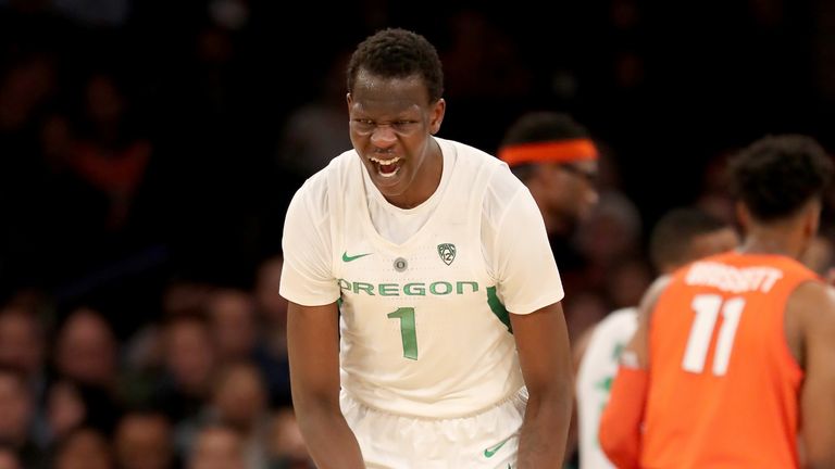 Bol Bol #1 of the Oregon Ducks celebrates his three point shot in the second half against the Syracuse Orange during the 2K Empire Classic at Madison Square Garden on November 16, 2018 in New York City.The Oregon Ducks defeated the Syracuse Orange 80-65