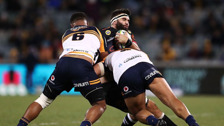 CANBERRA, AUSTRALIA - JUNE 22: Ruben Van Heerden of the Sharks Is tackled during the Super Rugby Quarter Final match between the Brumbies and the Sharks at GIO Stadium on June 22, 2019 in Canberra, Australia. (Photo by Mark Metcalfe/Getty Images)