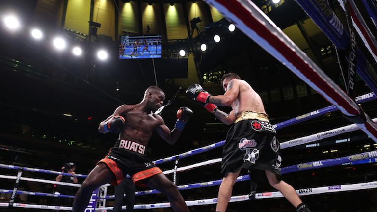 June 1, 2019; New York, NY; Joshua Buatsi and Marco Antonio Periban during their bout at Madison Square Garden in New York City.  Mandatory Credit: Ed Mulholland/Matchroom Boxing UK