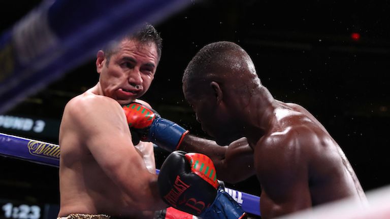 June 1, 2019; New York, NY; Joshua Buatsi and Marco Antonio Periban during their bout at Madison Square Garden in New York City.  Mandatory Credit: Ed Mulholland/Matchroom Boxing UK