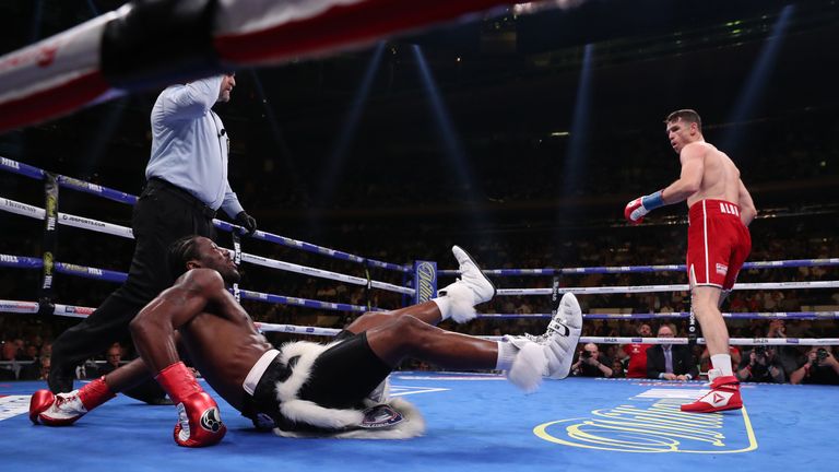 June 1, 2019; New York, NY; WBA, WBC and Ring Magazine super middleweight champion Callum Smith and Hassan N'Dam during their super middleweight championship bout at Madison Square Garden in New York City.  Mandatory Credit: Ed Mulholland/Matchroom Boxing UK