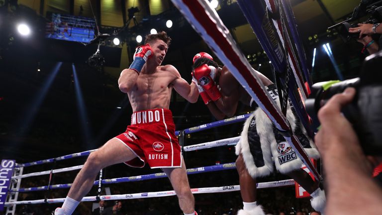 June 1, 2019; New York, NY; WBA, WBC and Ring Magazine super middleweight champion Callum Smith and Hassan N'Dam during their super middleweight championship bout at Madison Square Garden in New York City.  Mandatory Credit: Ed Mulholland/Matchroom Boxing UK