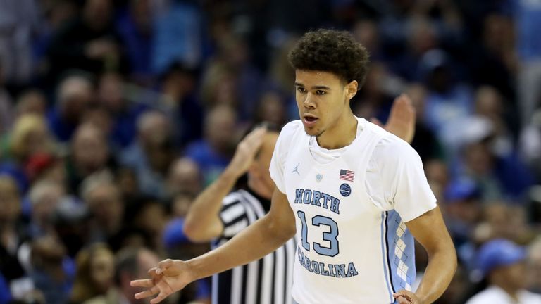 Cameron Johnson #13 of the North Carolina Tar Heels reacts against the Iona Gaels during the second half of the game in the first round of the 2019 NCAA Men's Basketball Tournament at Nationwide Arena on March 22, 2019 in Columbus, Ohio. 