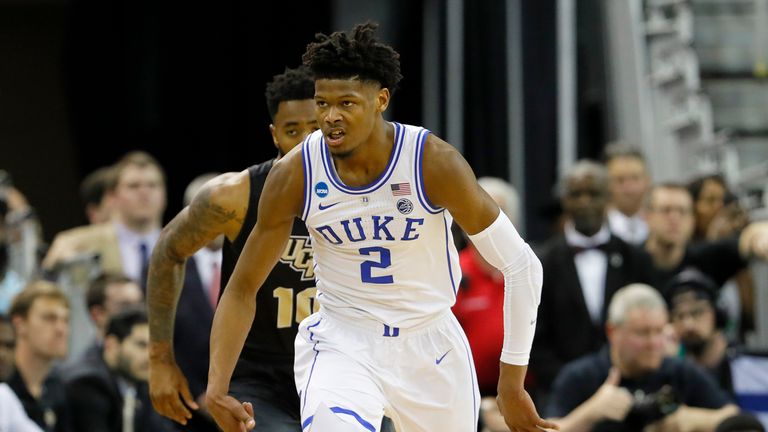 Cam Reddish #2 of the Duke Blue Devils celebrates a three point basket against the UCF Knights during the first half in the second round game of the 2019 NCAA Men&#39;s Basketball Tournament at Colonial Life Arena on March 24, 2019 in Columbia, South Carolina.