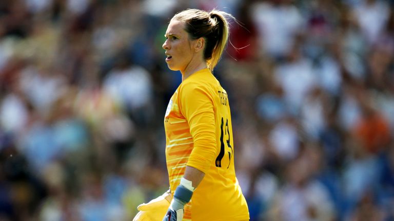 BRIGHTON, ENGLAND - JUNE 01: Carly Telford of England Women looks on during the International Friendly between England Women and New Zealand Women at Amex Stadium on June 01, 2019 in Brighton, England. (Photo by Steve Bardens/Getty Images)