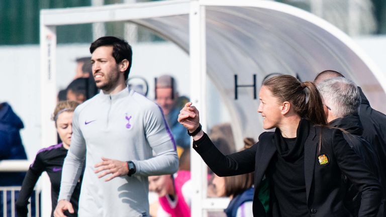 CHESHUNT, ENGLAND - MARCH 31: Manager Casey Stoney of Manchester United Women watches from the touchline during the WSL 2 match between Tottenham Hotspur Women and Manchester United Women on March 31, 2019 in Cheshunt, England. (Photo by Ash Donelon/Man Utd via Getty Images)