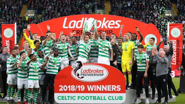 Scottish Champions Celtic with the Scottish Premiership trophy