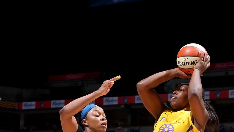 Chelsea Gray #12 of the Los Angeles Sparks shoots the ball during the game against the Minnesota Lynx on June 8, 2019 at Target Center in Minneapolis, Minnesota.