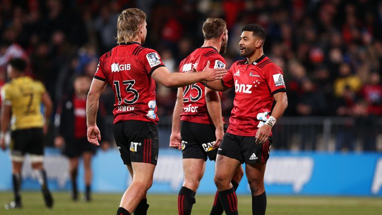 CHRISTCHURCH, NEW ZEALAND - JUNE 29: Richie Mo’unga and Jack Goodhue of the Crusaders celebrate the win during the Super Rugby Semi Final between the Crusaders and the Hurricanes at Orangetheory Stadium on June 29, 2019 in Christchurch, New Zealand. (Photo by Hagen Hopkins/Getty Images)