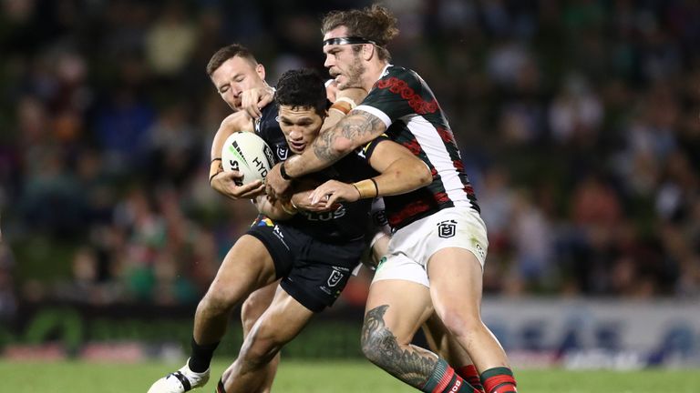 SYDNEY, AUSTRALIA - APRIL 26: Dallin Watene-Zelezniak of the Panthers Is tackled during the round 7 NRL match between the Penrith Panthers and the South Sydney Rabbitohs at Panthers Stadium on April 26, 2019 in Sydney, Australia. (Photo by Mark Metcalfe/Getty Images)