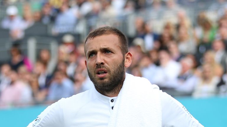 Dan Evans of Great Britain looks on during a line call challenge during his First Round Singles Match against Stan Wawrinka of Switzerland during day Three of the Fever-Tree Championships at Queens Club on June 19, 2019 in London