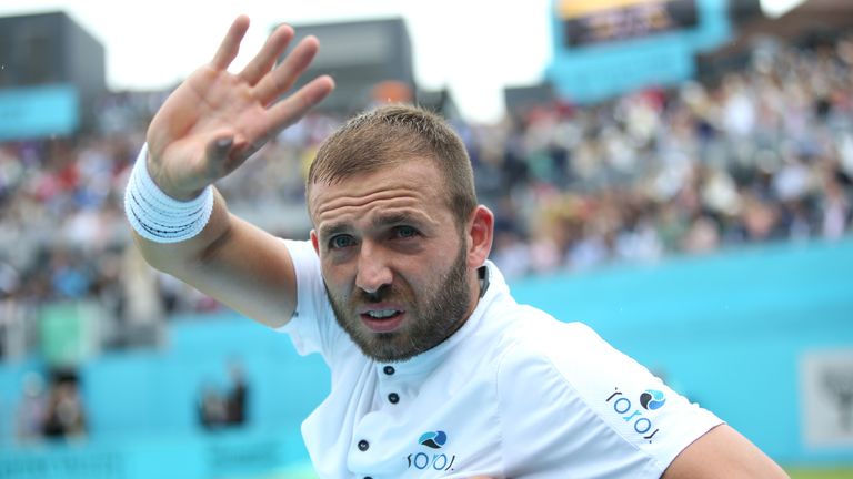 Dan Evans of Great Britain gestures during his First Round Singles Match against Stan Wawrinka of Switzerland during day Three of the Fever-Tree Championships at Queens Club on June 19, 2019 in London, United Kingdom