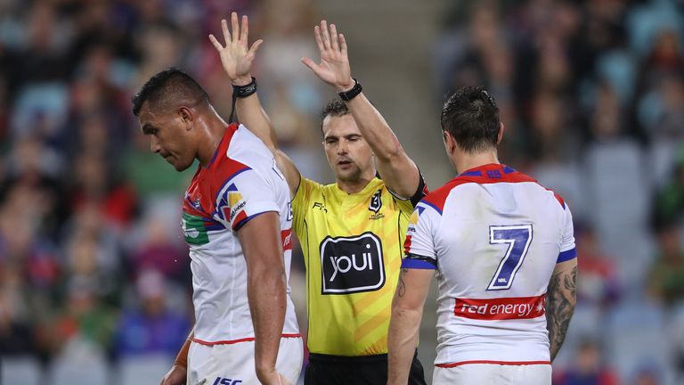 SYDNEY, AUSTRALIA - JUNE 07: Daniel Saifiti of the Knights is sent to the sin-bin during the round 13 NRL match between the South Sydney Rabbitohs and the Newcastle Knights at ANZ Stadium on June 07, 2019 in Sydney, Australia. (Photo by Mark Kolbe/Getty Images)